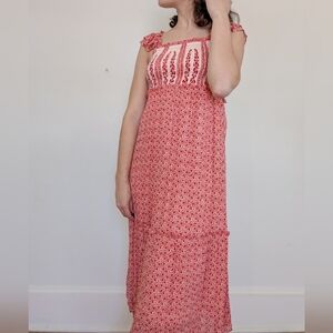 Jessica Simpson Red and White Sundress with Smocked Top & Flutter Ruffle Sleeves